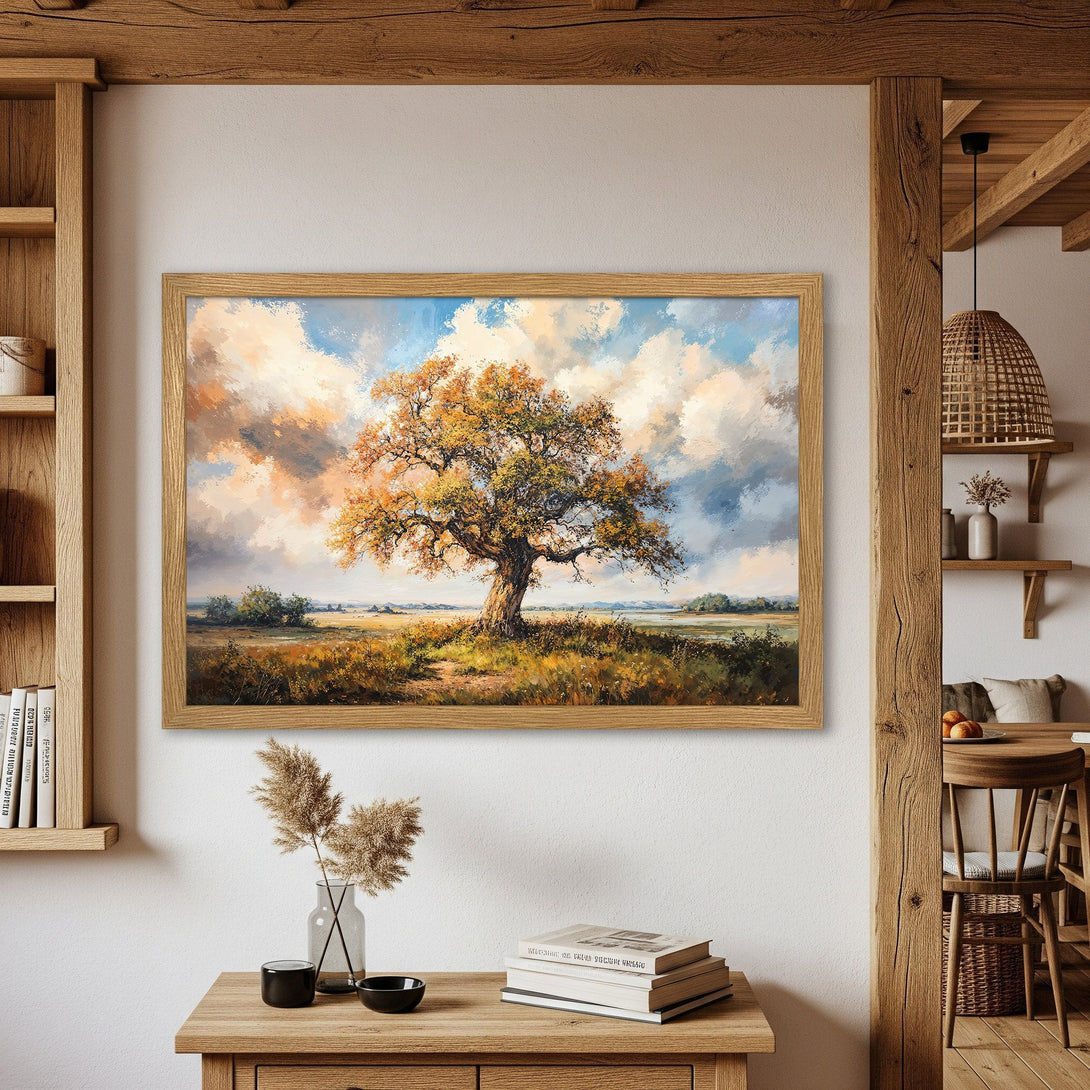 Framed Poster featuring a majestic tree in a landscape painting. Impressionistic style with warm, earthy tones and a touch of blue. Perfect wall art!