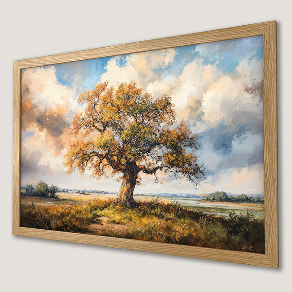 Framed Poster of a majestic tree in a landscape, impressionist style with warm, earthy tones. Perfect wall art!
