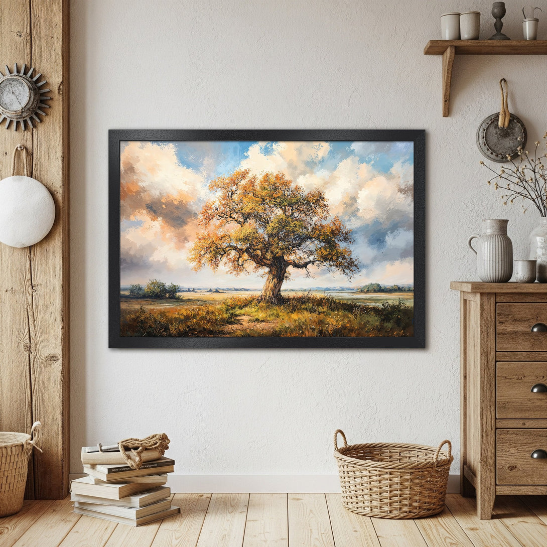 Framed Poster featuring a vibrant tree landscape painting in warm orange and blue tones, perfect for home decor.