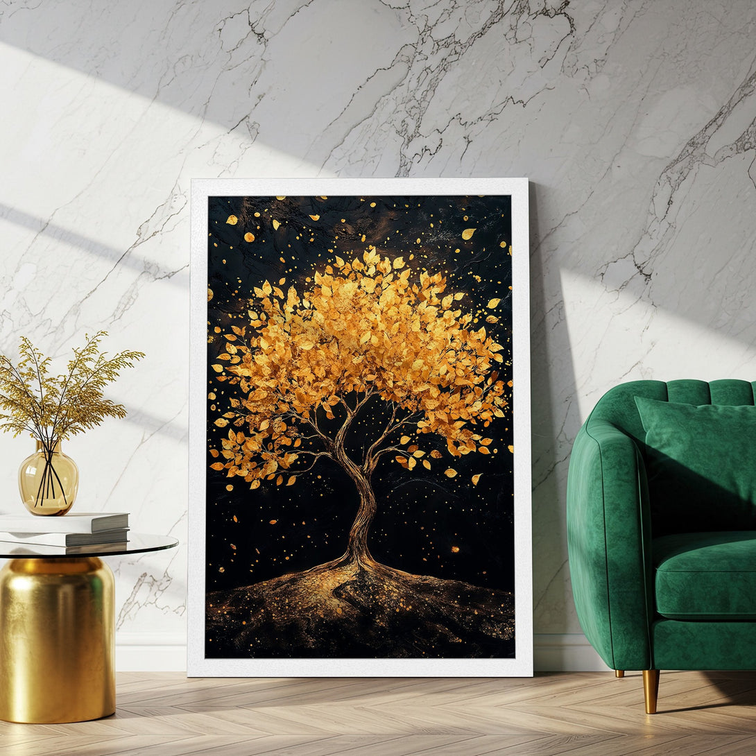 Framed Poster featuring a golden tree against a black background. Modern art style with a rich gold and black color palette. Perfect wall decor.