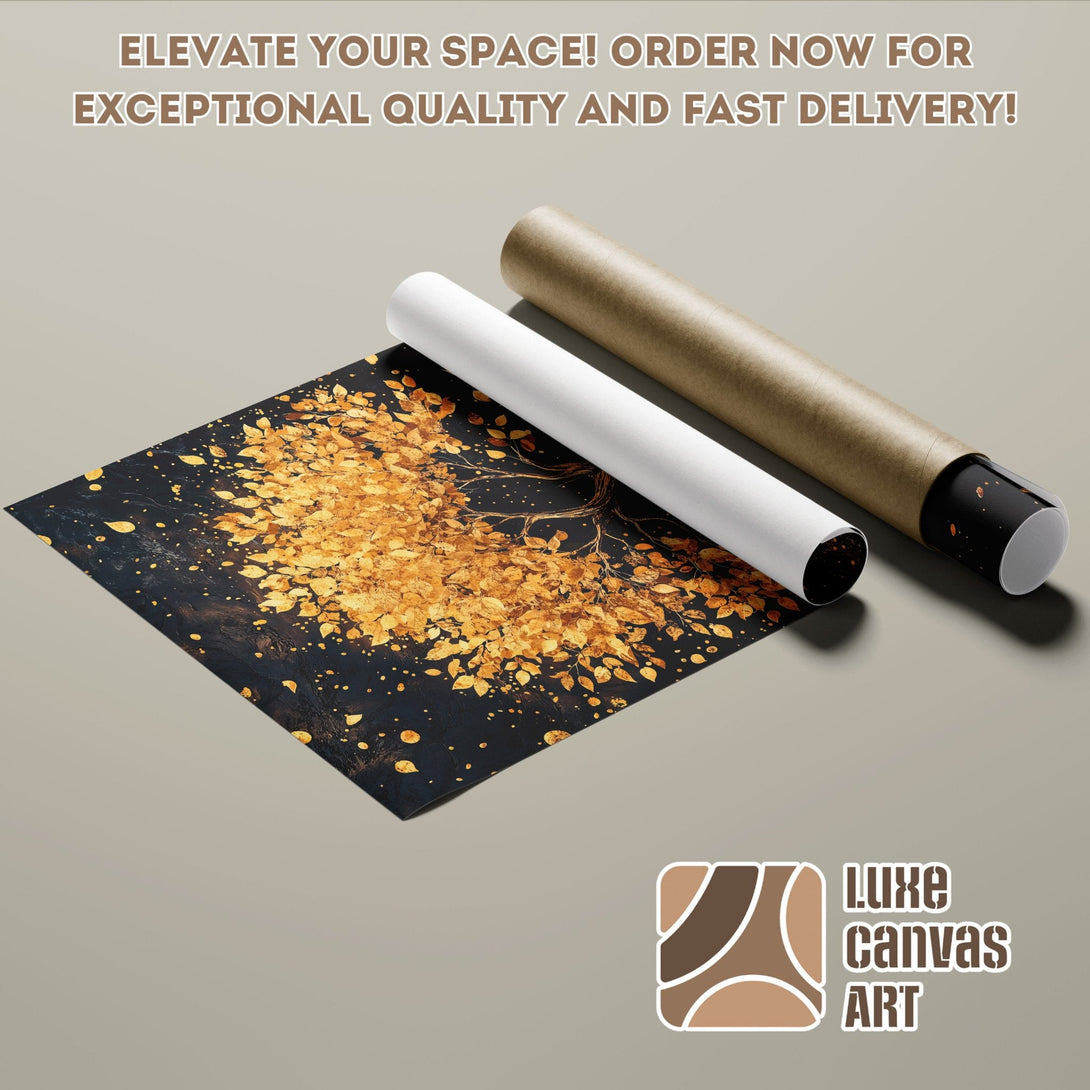 Poster Roll featuring a golden tree on a dark background. Elegant art with a warm, rich color palette.