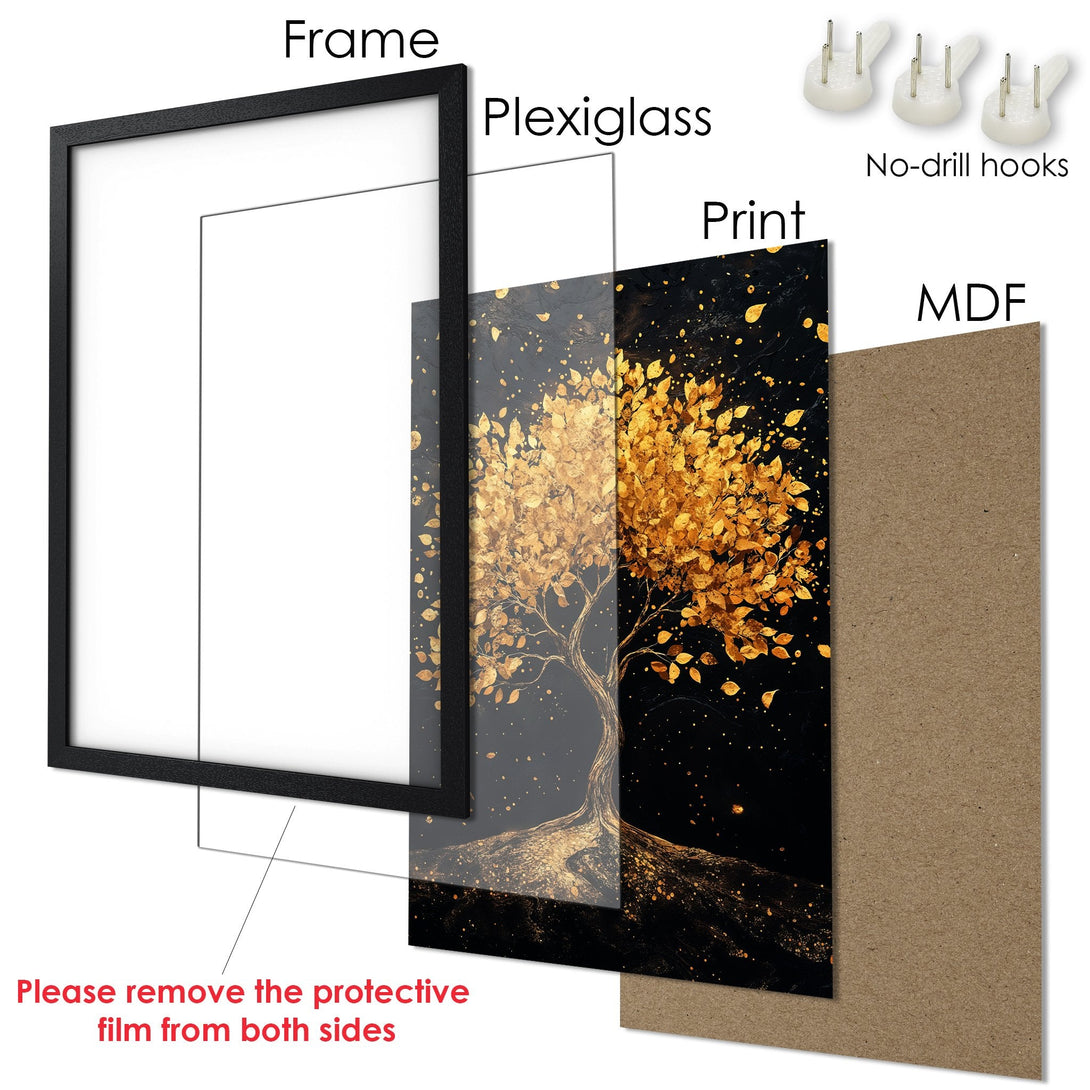 Framed Poster featuring a golden tree art print. Modern style, black, gold, and neutral color palette. Perfect wall decor.