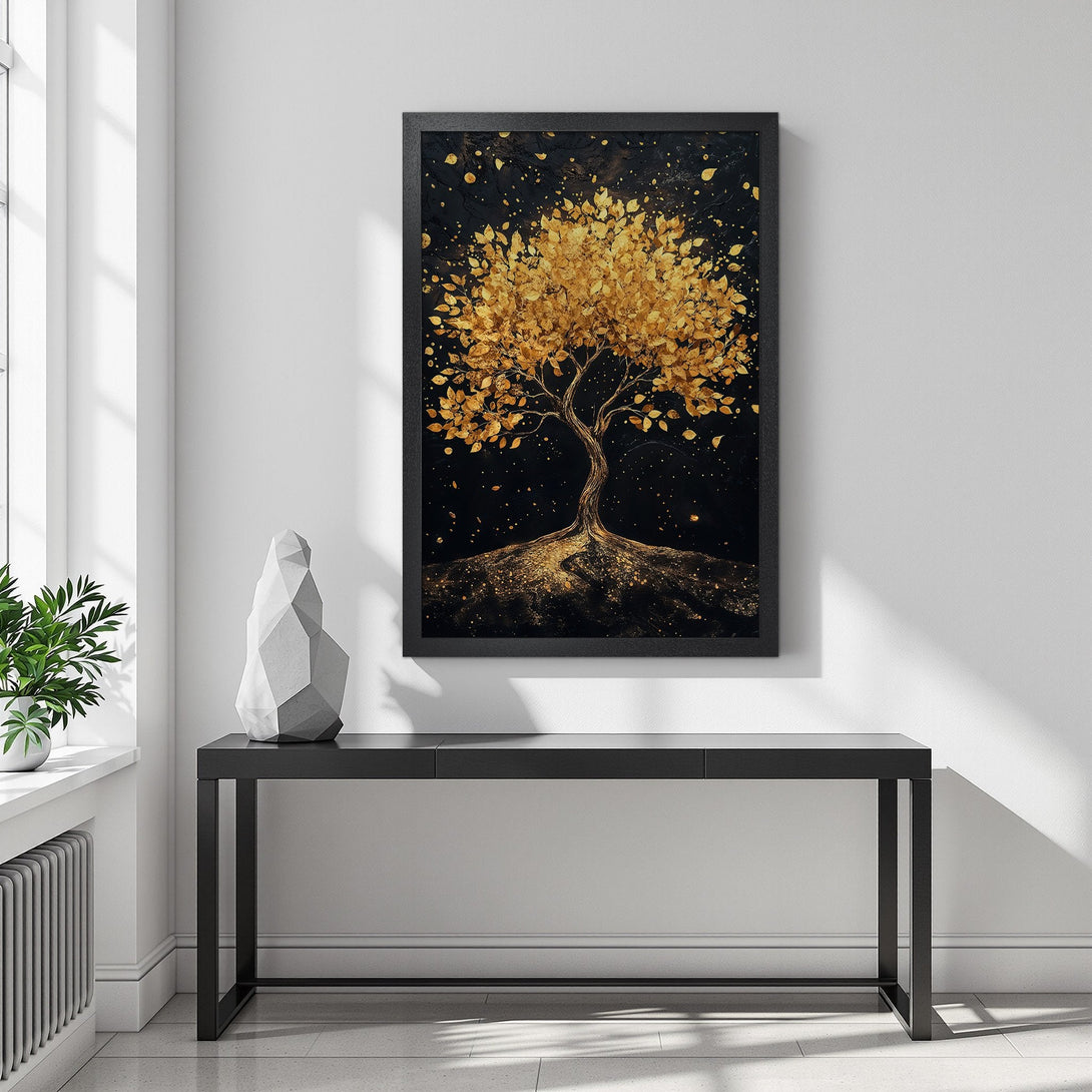 Framed Poster featuring a golden tree against a black background. Modern art style with a rich gold and black color palette. Elevate your space!