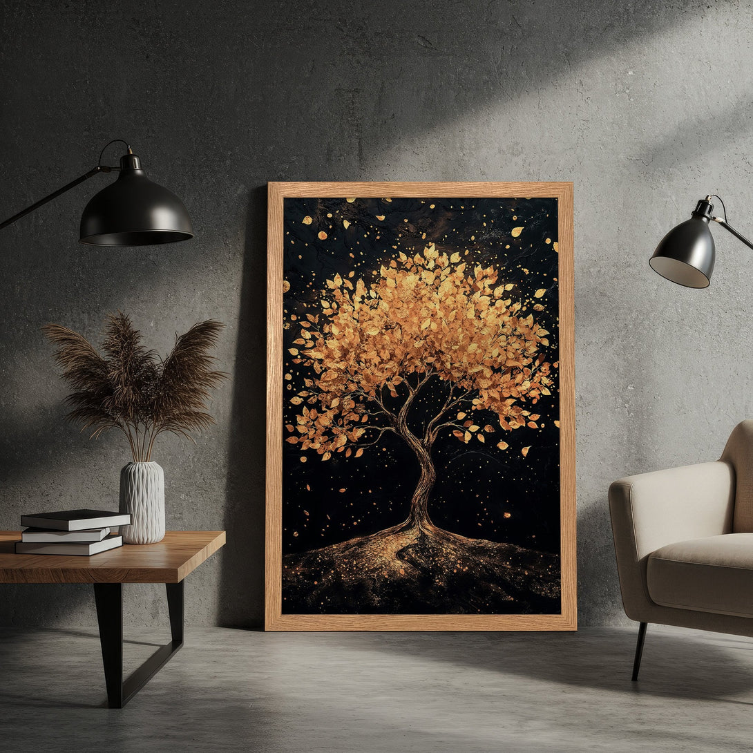 Framed Poster of a golden tree against a dark background. Modern art style, warm gold and black color palette. Perfect wall decor!