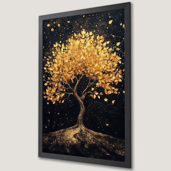 Framed Poster featuring a golden tree against a dark background. Elegant art print with a luxurious gold and black color palette.