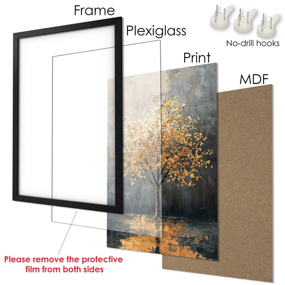 Framed Poster featuring an abstract tree in a neutral color palette with gold accents. Perfect wall art!
