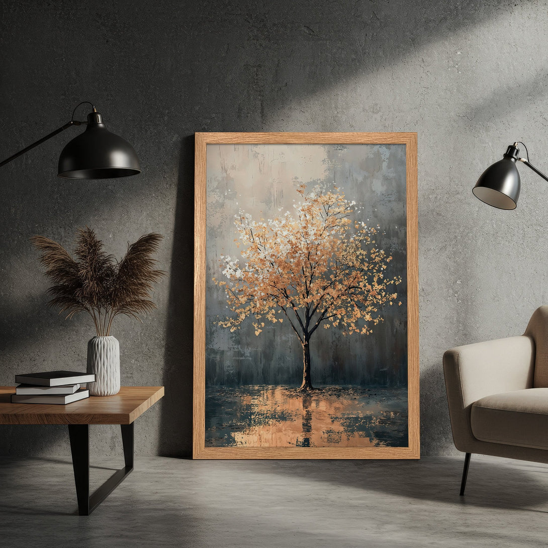 Framed Poster featuring an abstract tree painting in a muted, warm color palette. Perfect wall art for modern home decor.