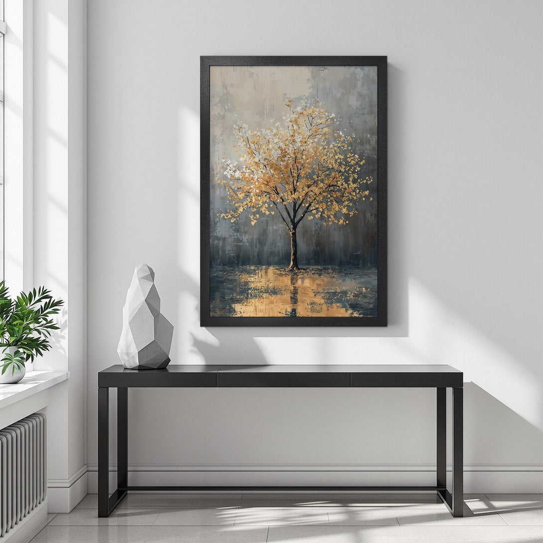 Framed Poster featuring a golden tree against a neutral, textured background. Earthy tones create a calming, artistic vibe. Perfect wall art!
