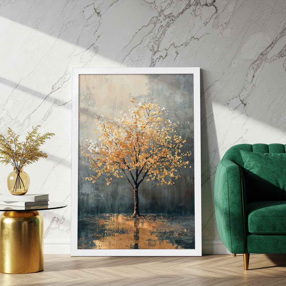 Framed Poster featuring an abstract tree in warm gold tones. Modern art print for home decor.