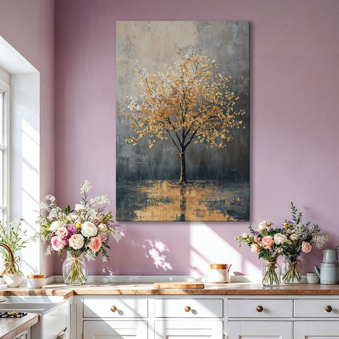 Framed Wall Art: Abstract gold tree painting in a modern living room. Neutral color palette with gold accents, perfect for adding elegance to your space.