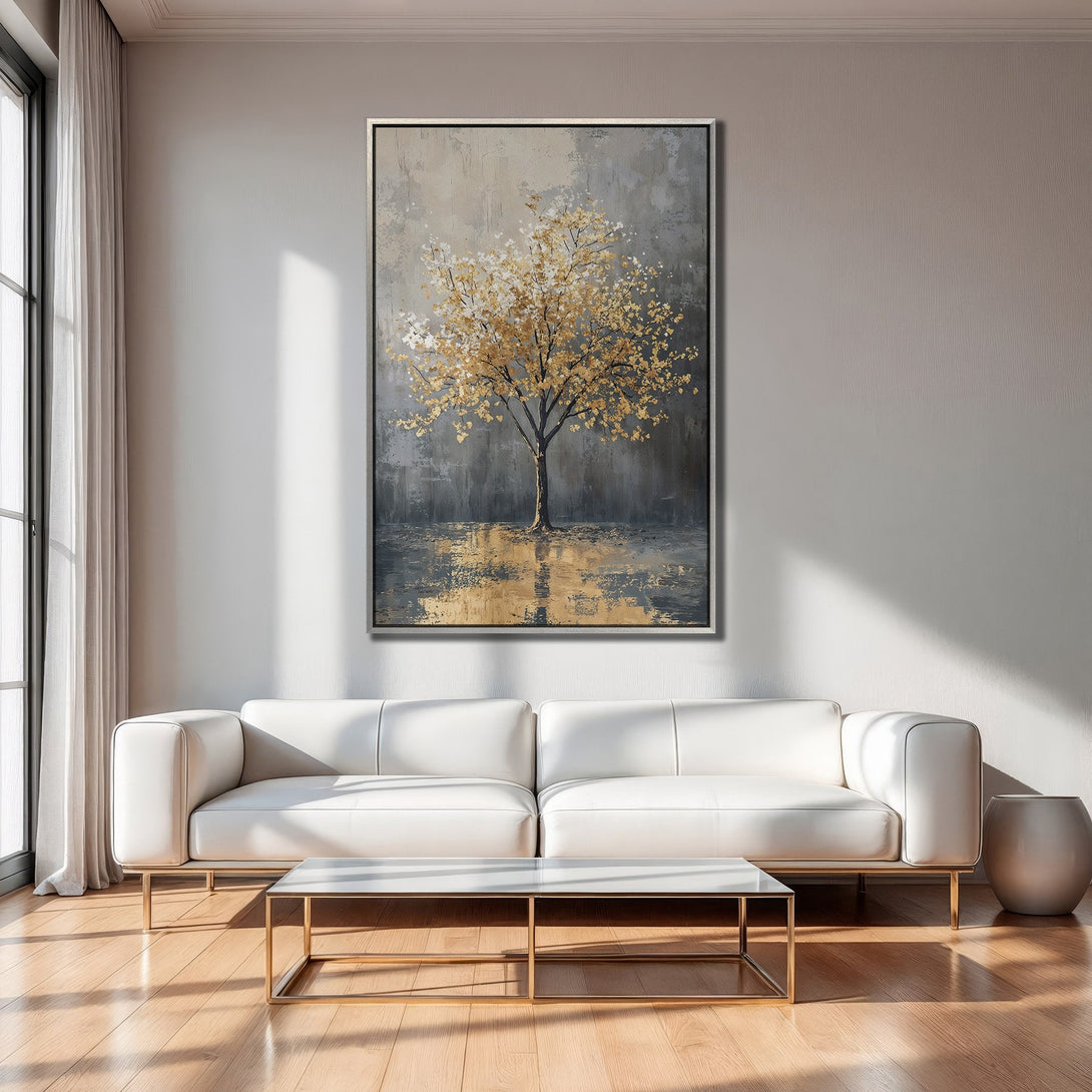 Framed Wall Art: Abstract tree painting in gold and gray tones. Modern art canvas print adds elegance to any living room.