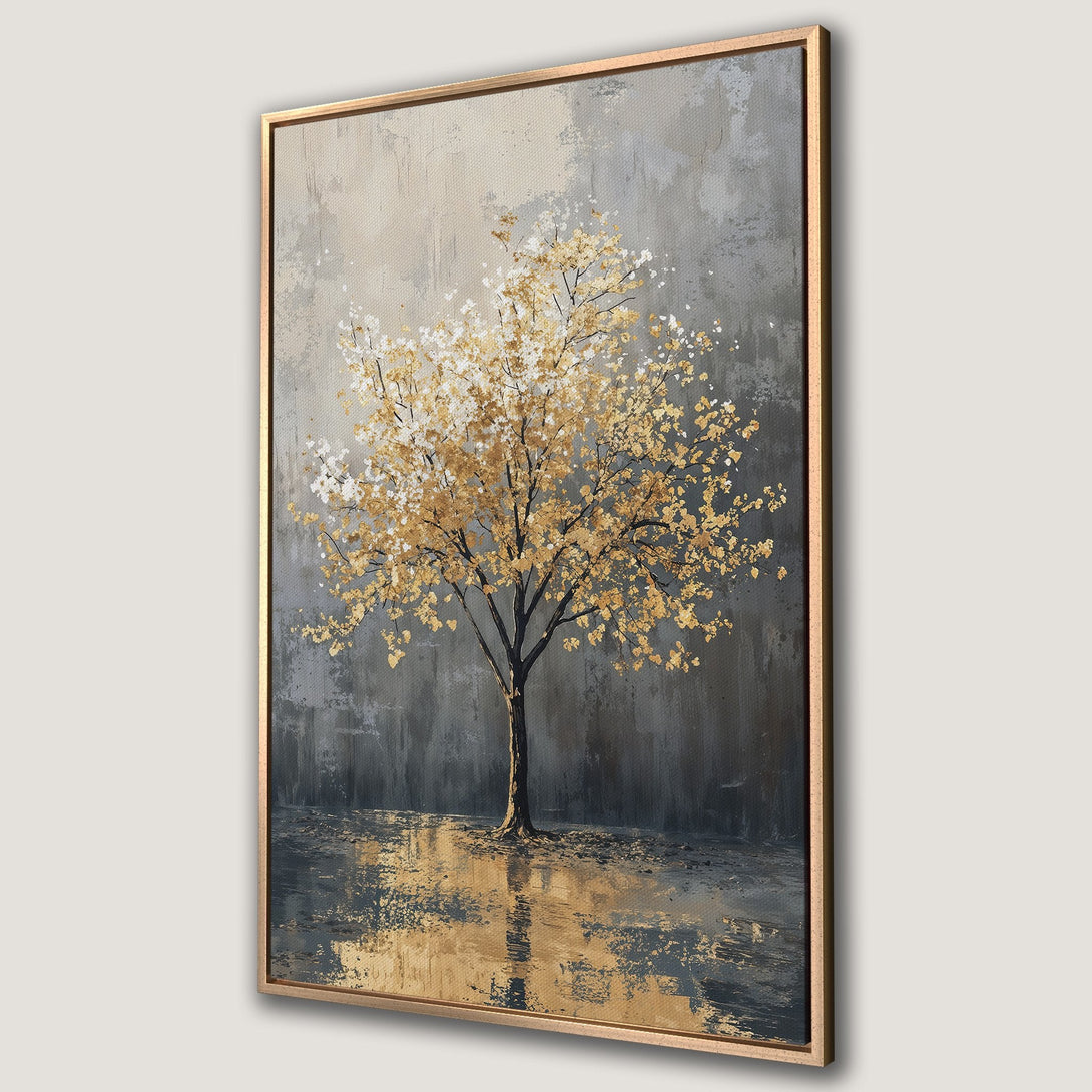 Framed Wall Art featuring a gold leaf tree against a textured gray backdrop. Modern abstract art with a neutral color palette. Perfect for home decor.