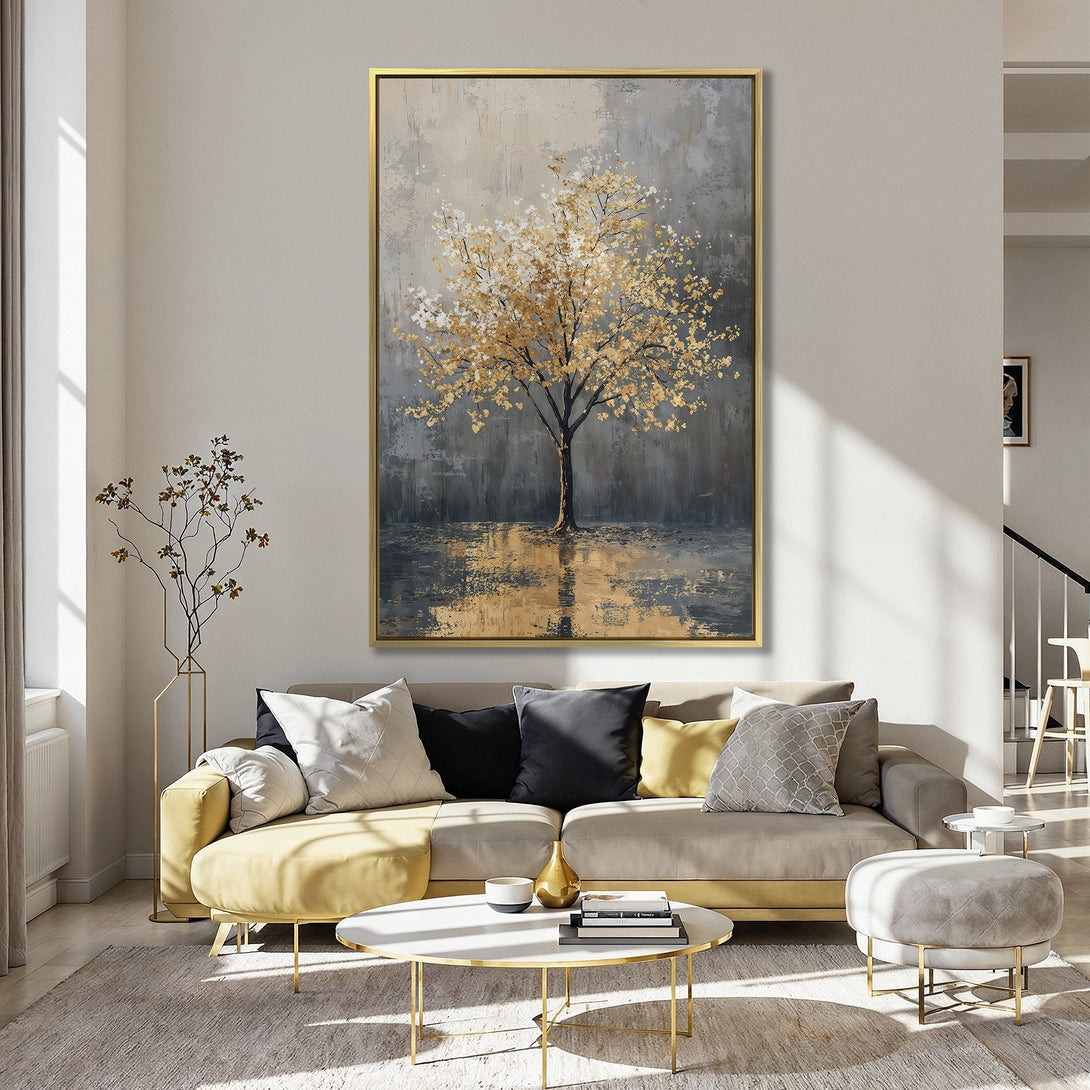 Canvas Print of a golden tree painting in a kitchen. Abstract style with a warm, neutral, and grey color palette. Perfect wall decor!