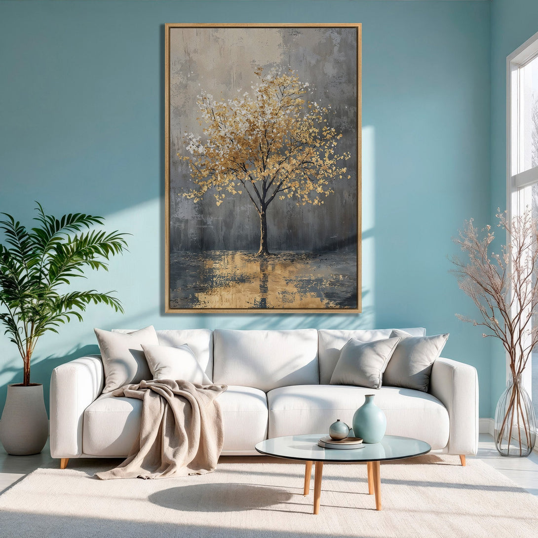 Framed Wall Art: Abstract gold tree canvas print in a modern interior. Neutral and teal color palette for a calming aesthetic.