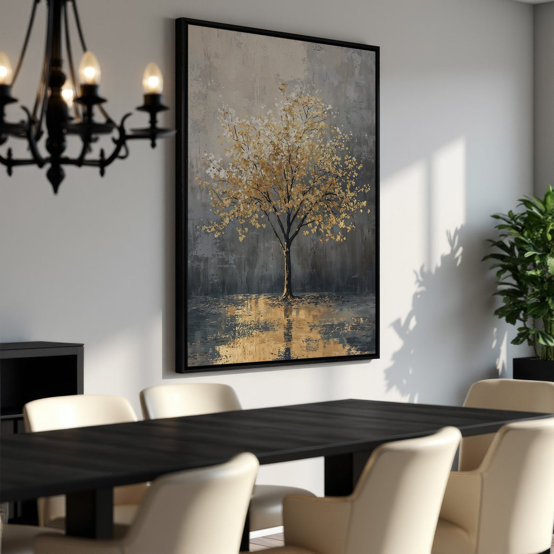 Framed Wall Art: Abstract tree painting in gold and gray tones. Modern art canvas print, perfect for dining room decor.