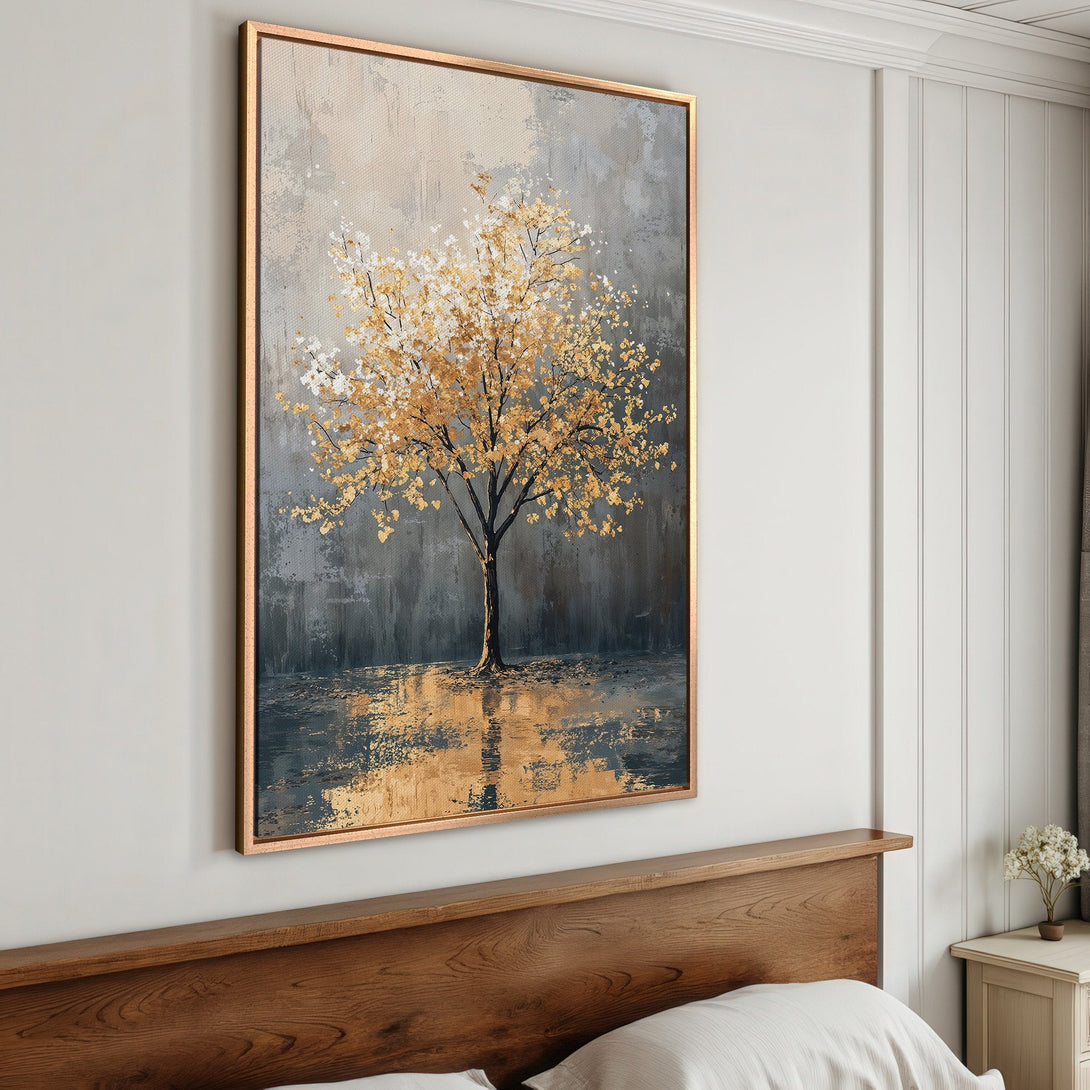 Framed Wall Art: Abstract tree painting in gold & gray tones. Modern canvas print for bedroom decor. Adds elegance and warmth to any space.