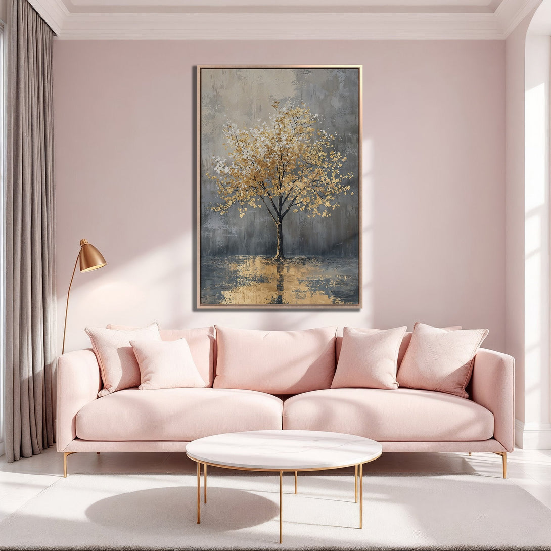 Framed Wall Art of a golden tree in an abstract style, displayed in a pink and gray interior, perfect for adding elegance to your home.