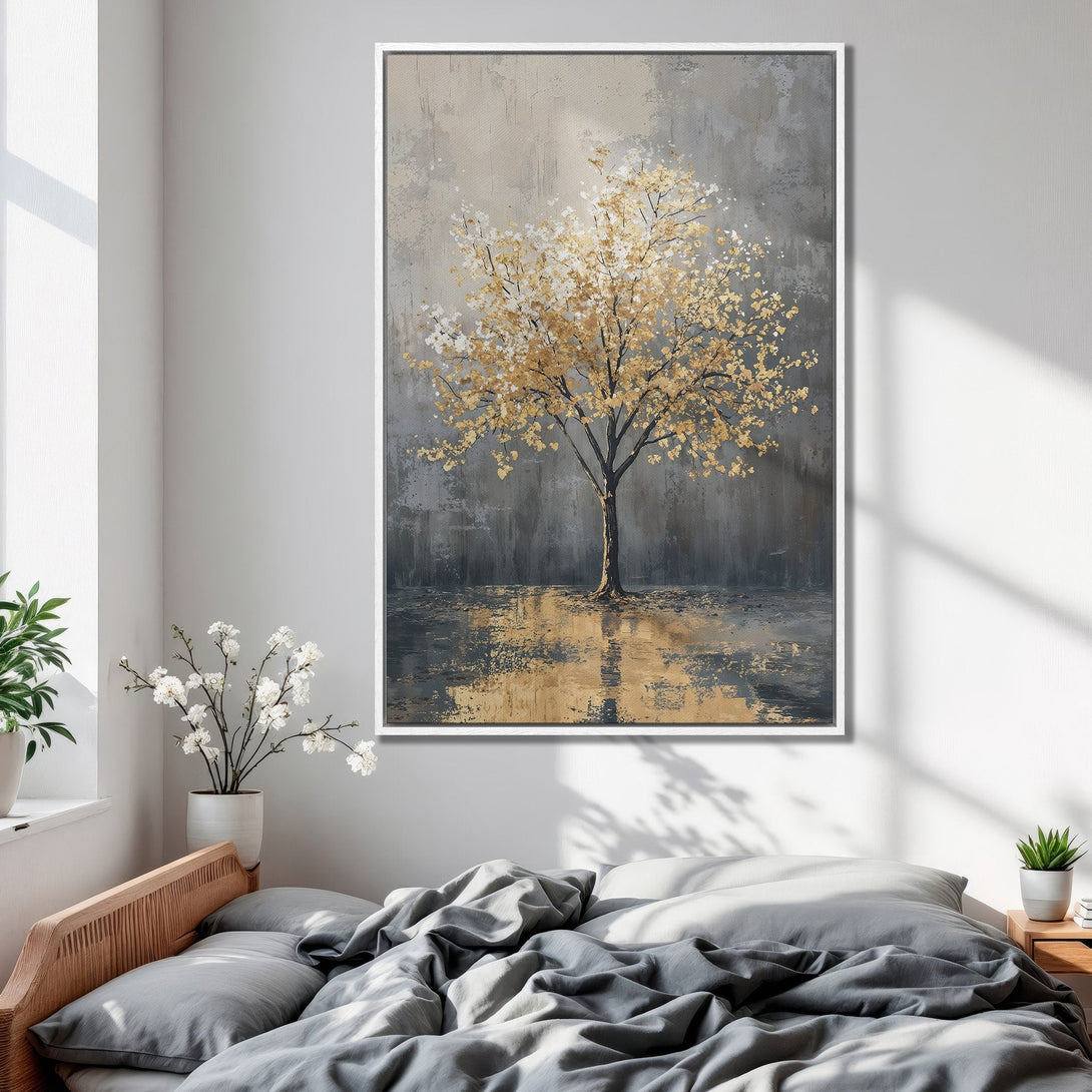 Framed Wall Art of a golden tree in a modern style, displayed in a bedroom. Neutral gray and gold color palette for a calming aesthetic.