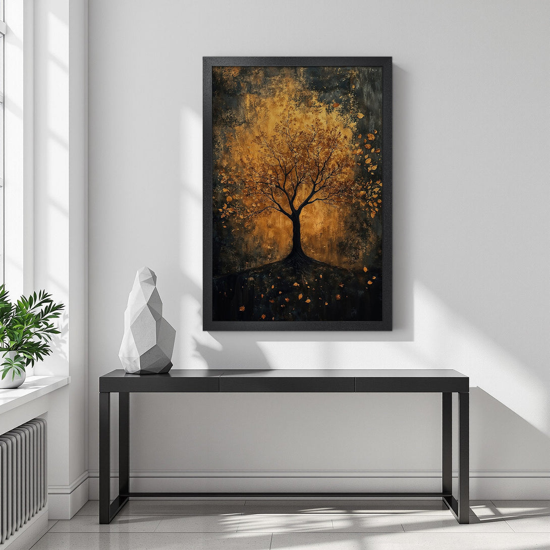 Framed Poster of a golden tree art print. Abstract style with warm gold and black color palette, perfect wall decor.