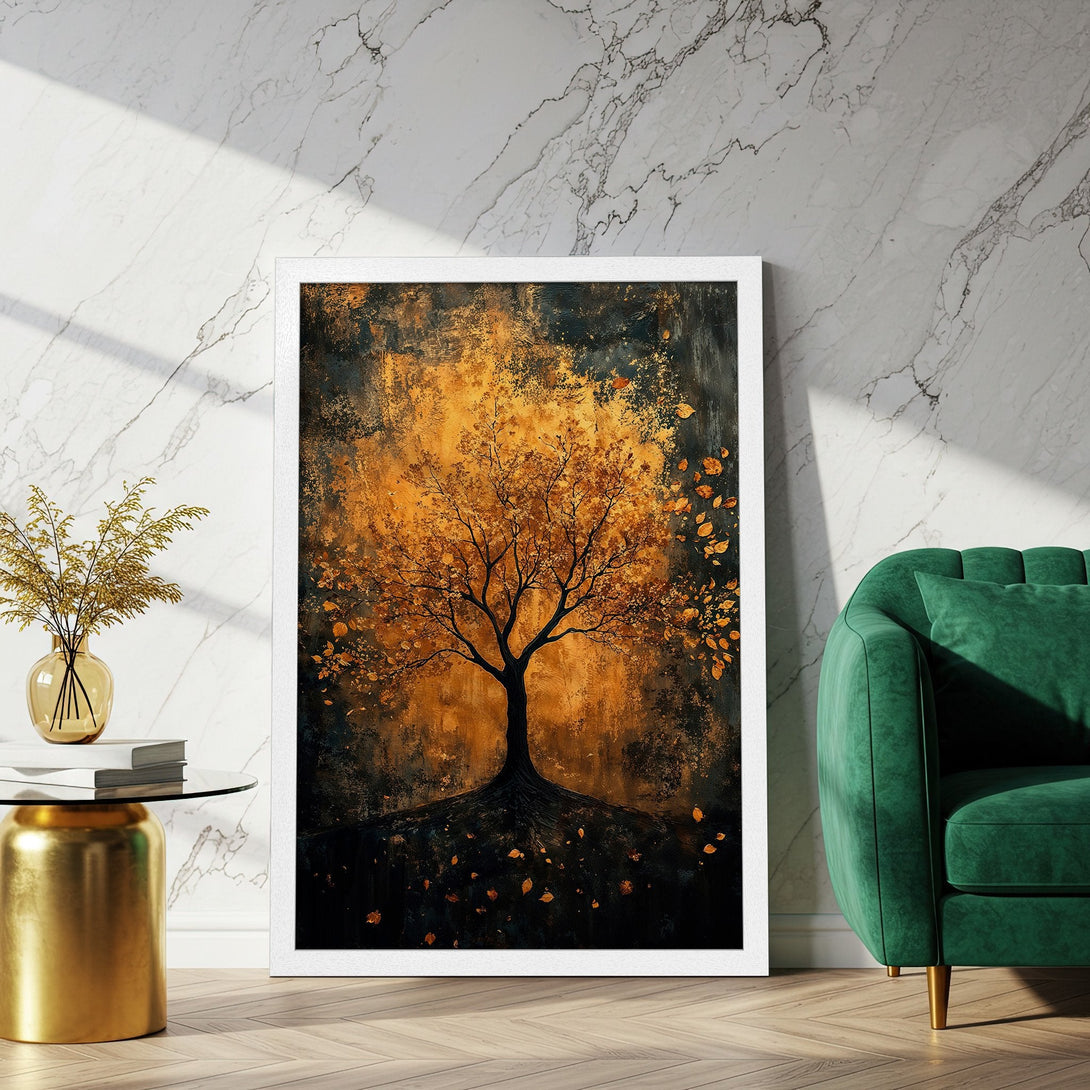 Framed Poster featuring an abstract tree in warm gold and black tones. Perfect art for your home!