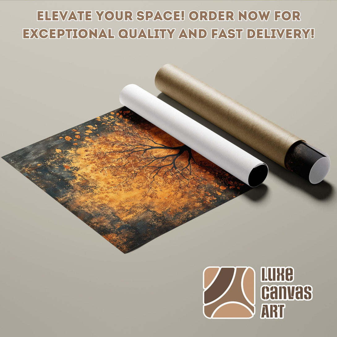 Abstract tree poster roll in warm gold and black tones. Elevate your space with Luxe Canvas Art!