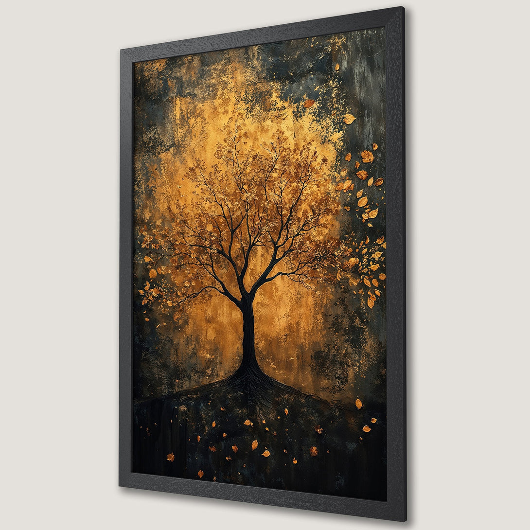 Framed Poster of a golden tree art print. Abstract style with a warm, earthy color palette. Perfect wall decor for your home!