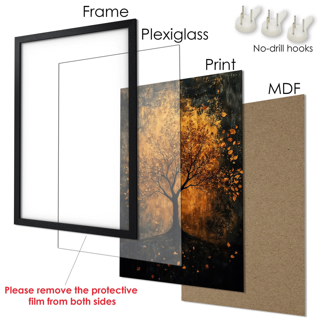 Framed Poster featuring an abstract tree in warm gold and black tones. Perfect wall art for any space.