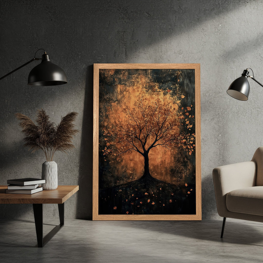 Framed Poster featuring an abstract tree in warm orange and dark brown tones. Perfect wall art for a cozy living room.