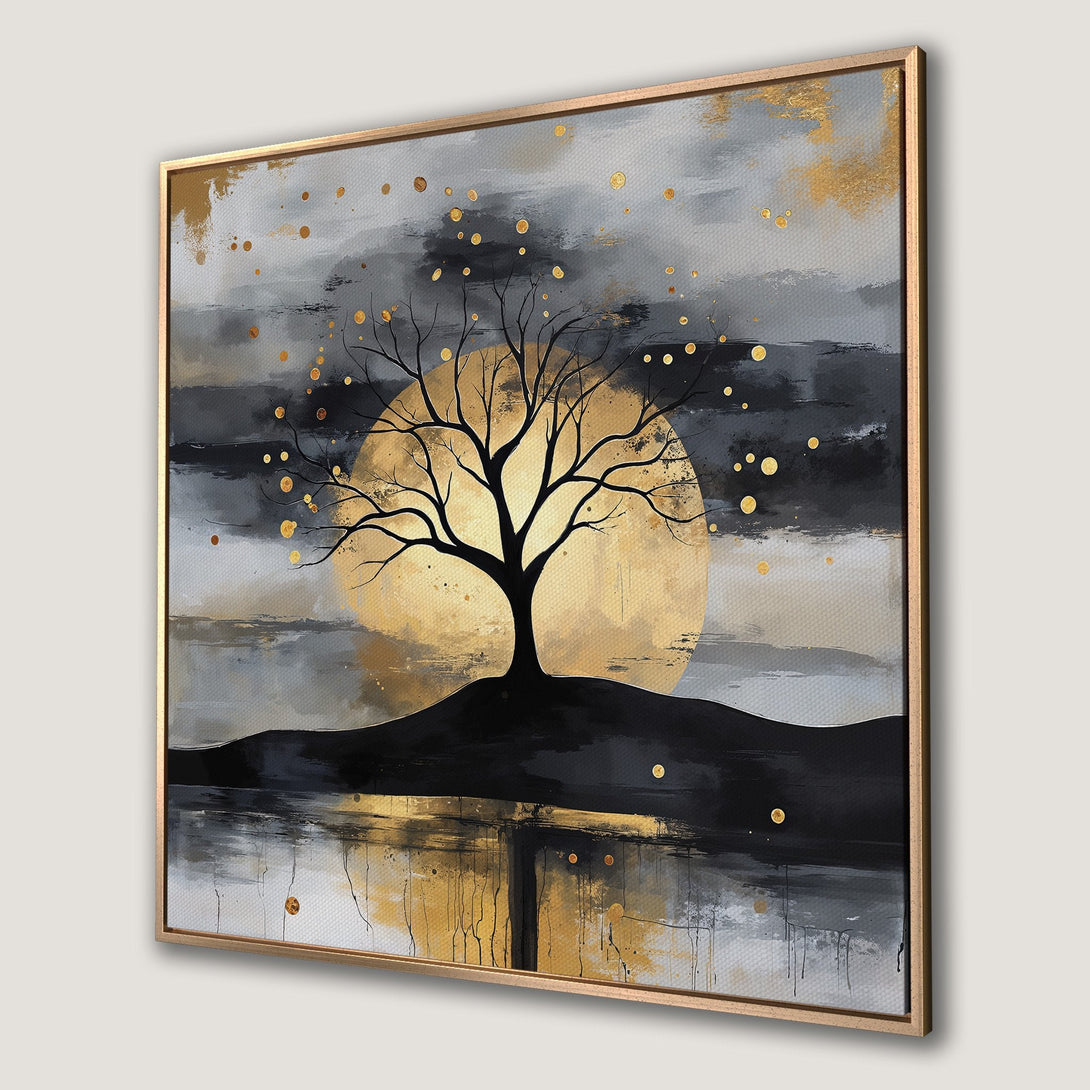 Framed Wall Art: Abstract tree silhouette with gold accents against a moody gray and black sky. Modern canvas print for stylish home decor.