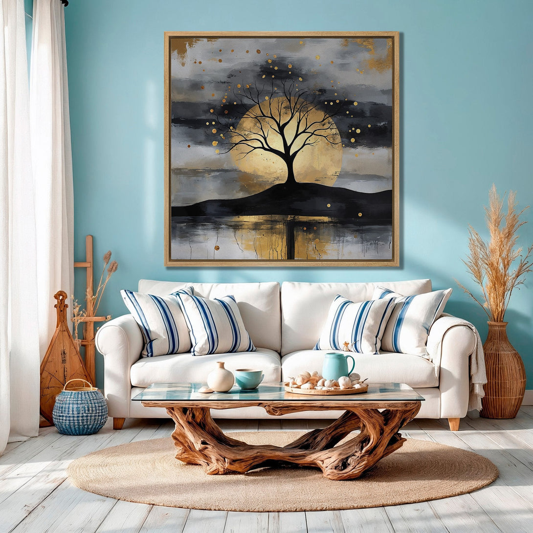 Framed Wall Art: Abstract tree art in gold, black, and gray tones. Modern canvas print adds a touch of elegance to any living room with a coastal color palette.
