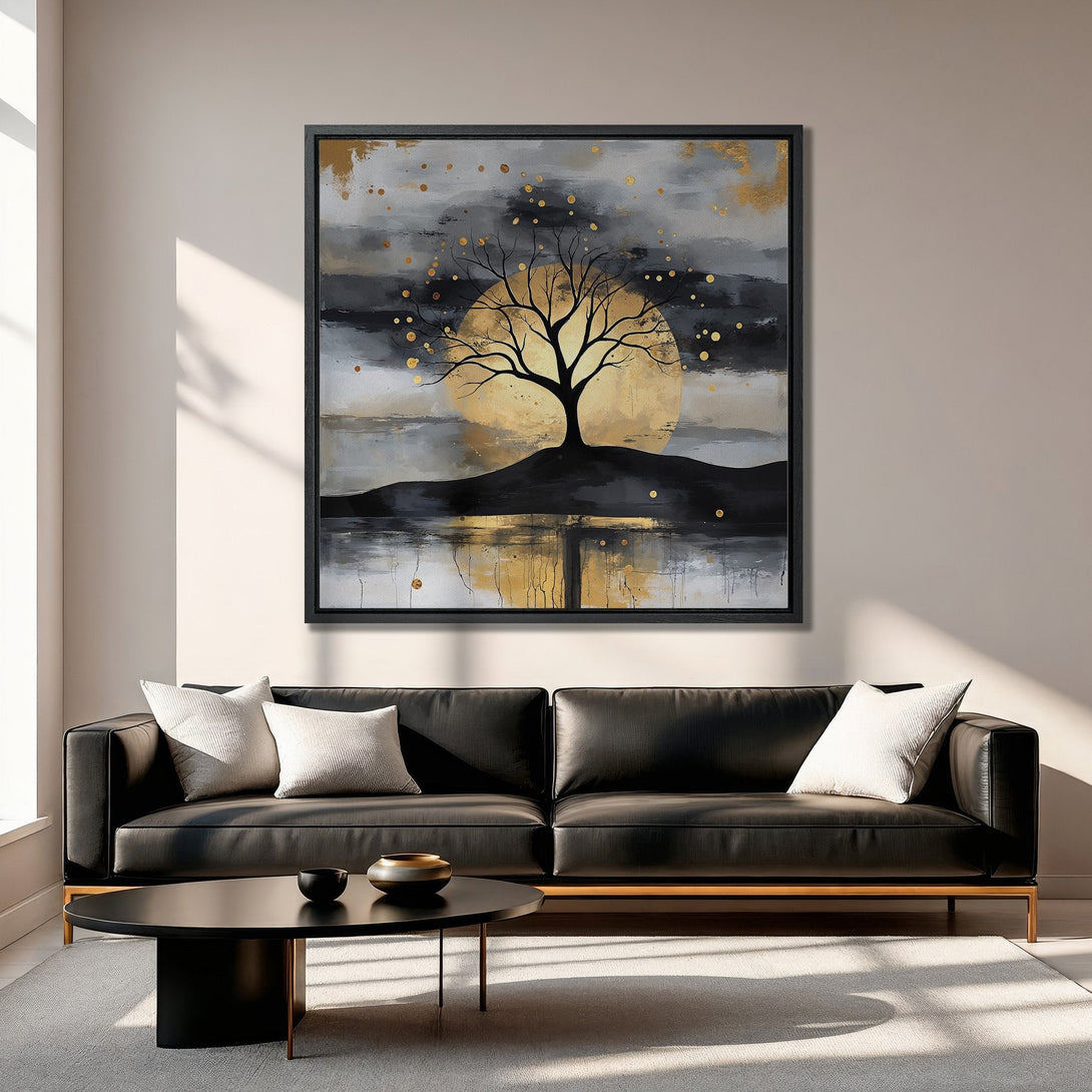 Framed Wall Art: Abstract tree scene in black, gold, and gray. Modern canvas print adds a touch of elegance to any interior.