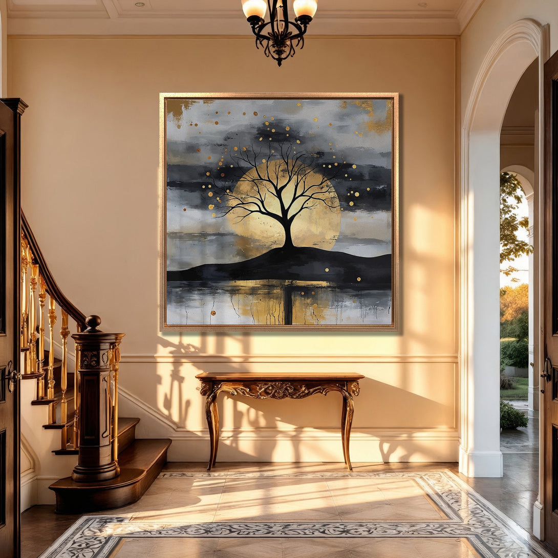 Framed Wall Art: Abstract tree art with a gold, black, and gray color palette, displayed in a luxurious interior. Perfect for modern home decor.
