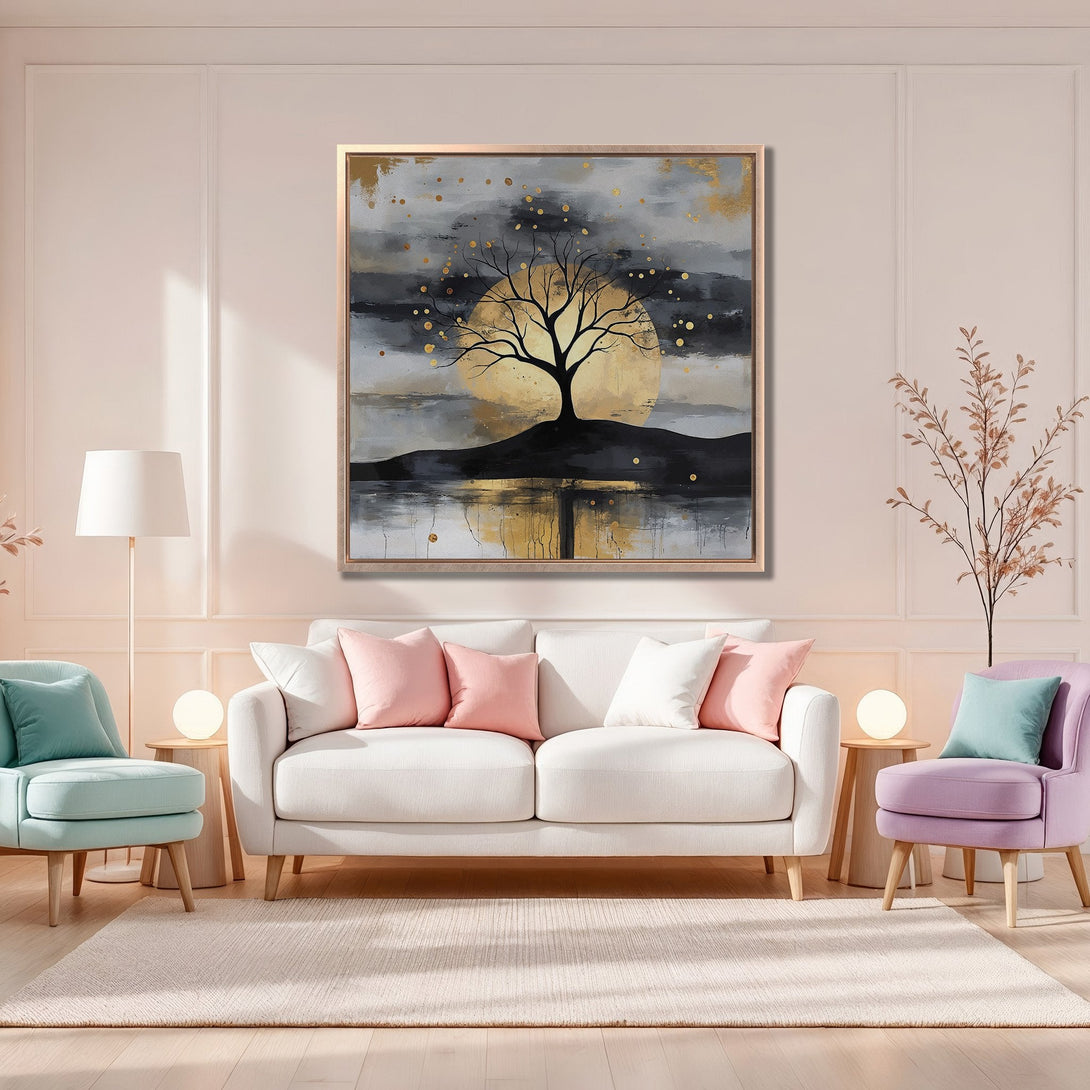 Framed Wall Art: Abstract tree landscape in neutral tones with gold accents. Perfect for adding a touch of elegance to any living room. Shop now!