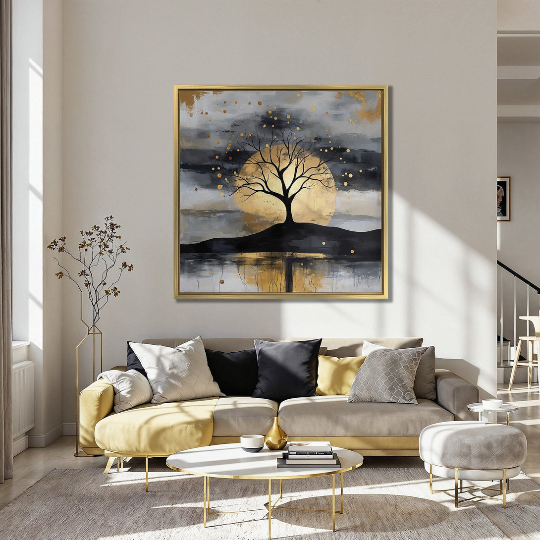 Canvas Print of a tree silhouette with a golden sun, in a modern, abstract style. Features a black, gold, and gray color palette.