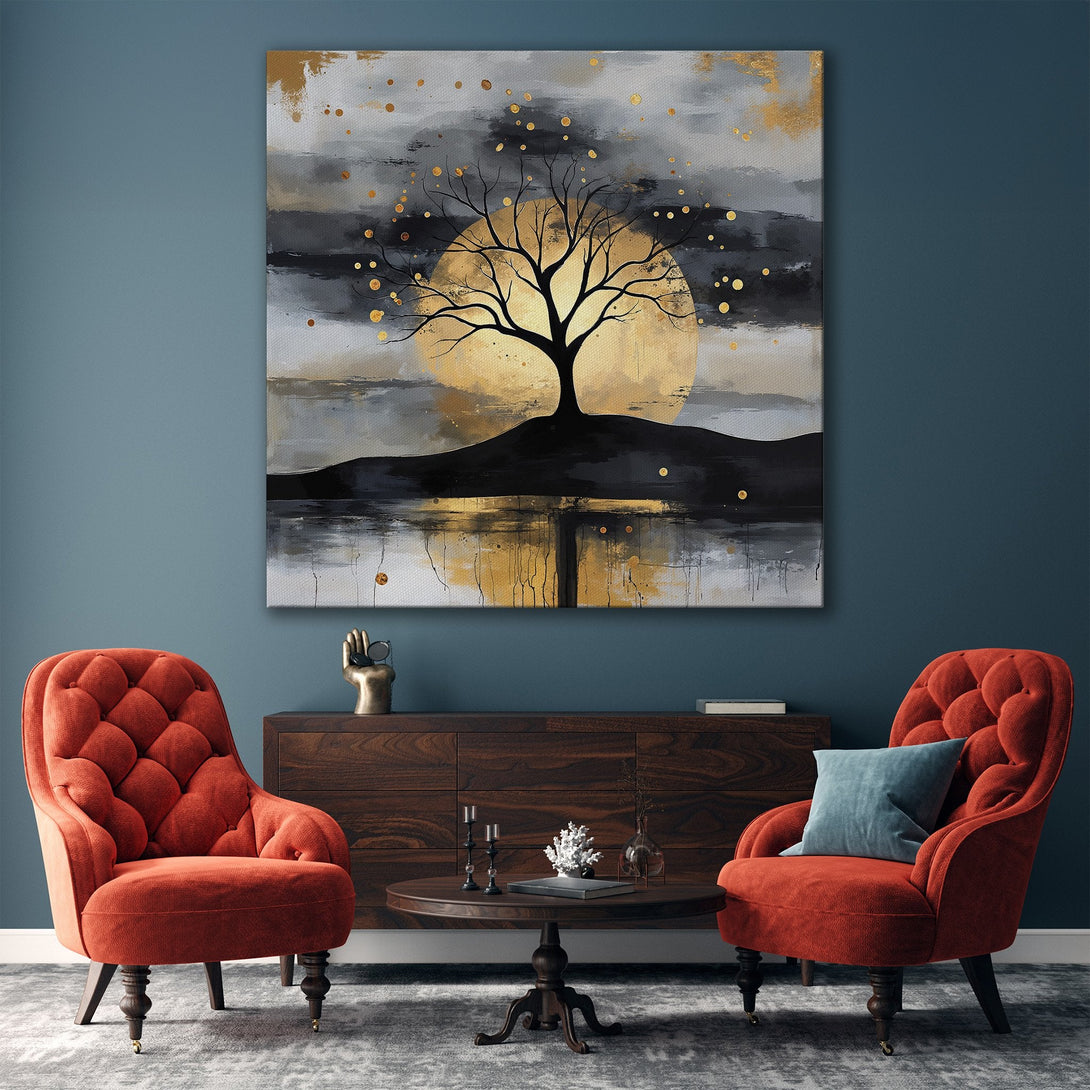Framed Wall Art: Abstract tree landscape in gold, black, and gray. Modern art canvas print adds sophistication to any interior. Shop now!