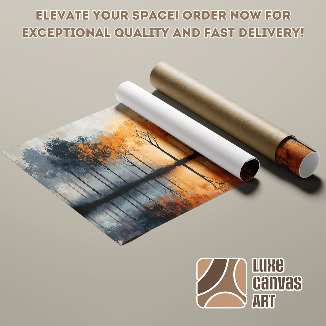Poster Roll of abstract landscape art in orange, blue, and gray tones. Elevate your space!