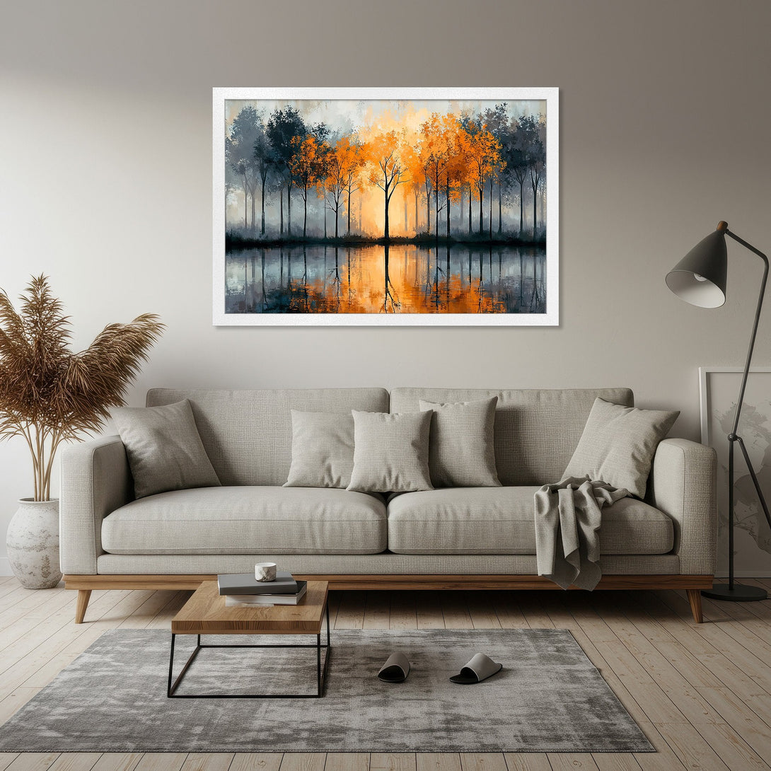 Framed Poster featuring a serene forest scene with vibrant orange and blue tones, perfect for adding a touch of nature to your home.
