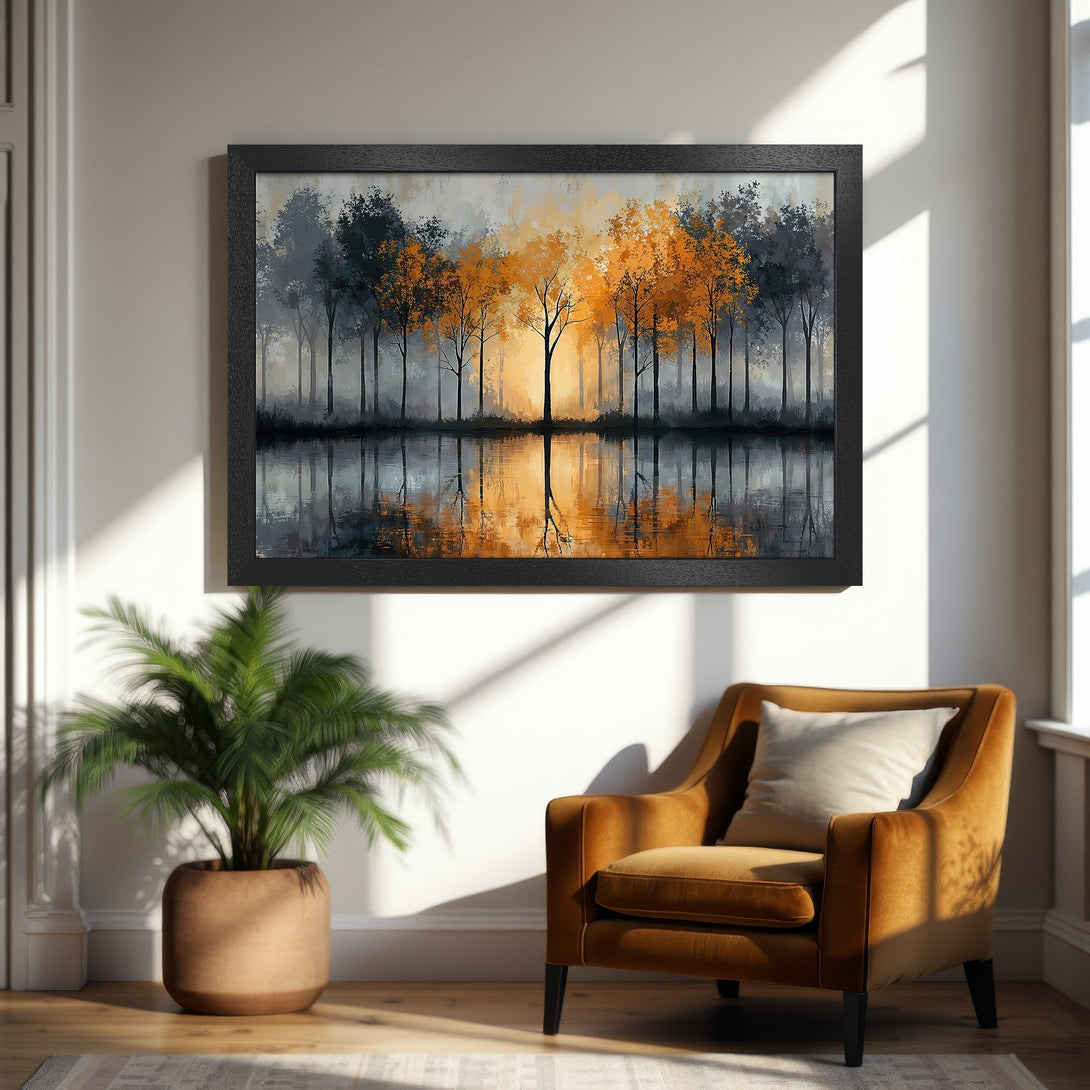 Framed Poster featuring a serene forest scene with a warm orange and gray color palette, perfect for adding a touch of nature to your home.