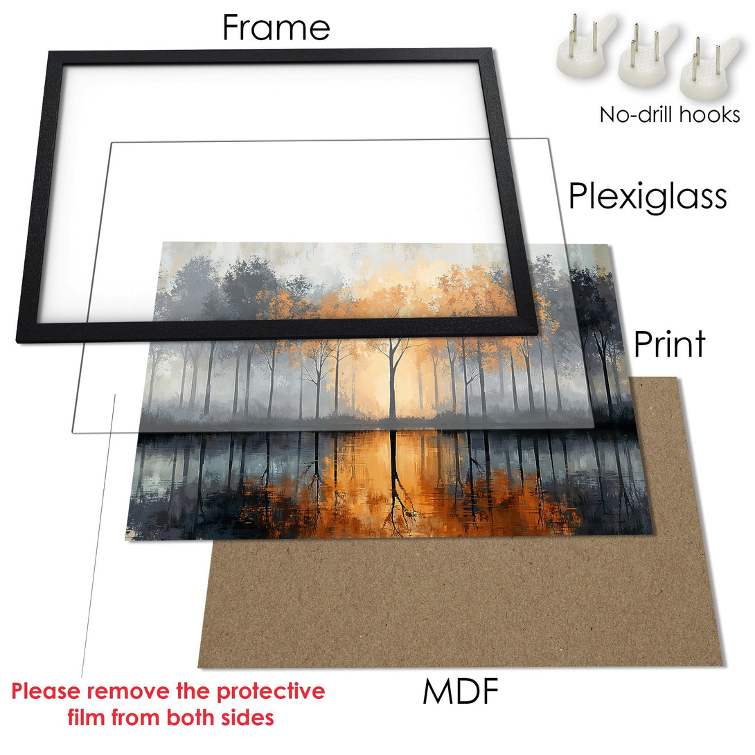 Framed Poster of a serene landscape with a warm color palette. Perfect wall art for any room!