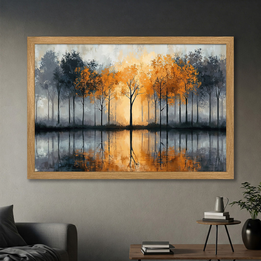 Framed Poster featuring a serene forest landscape in an impressionistic style with a warm orange and cool gray color palette. Perfect wall art!