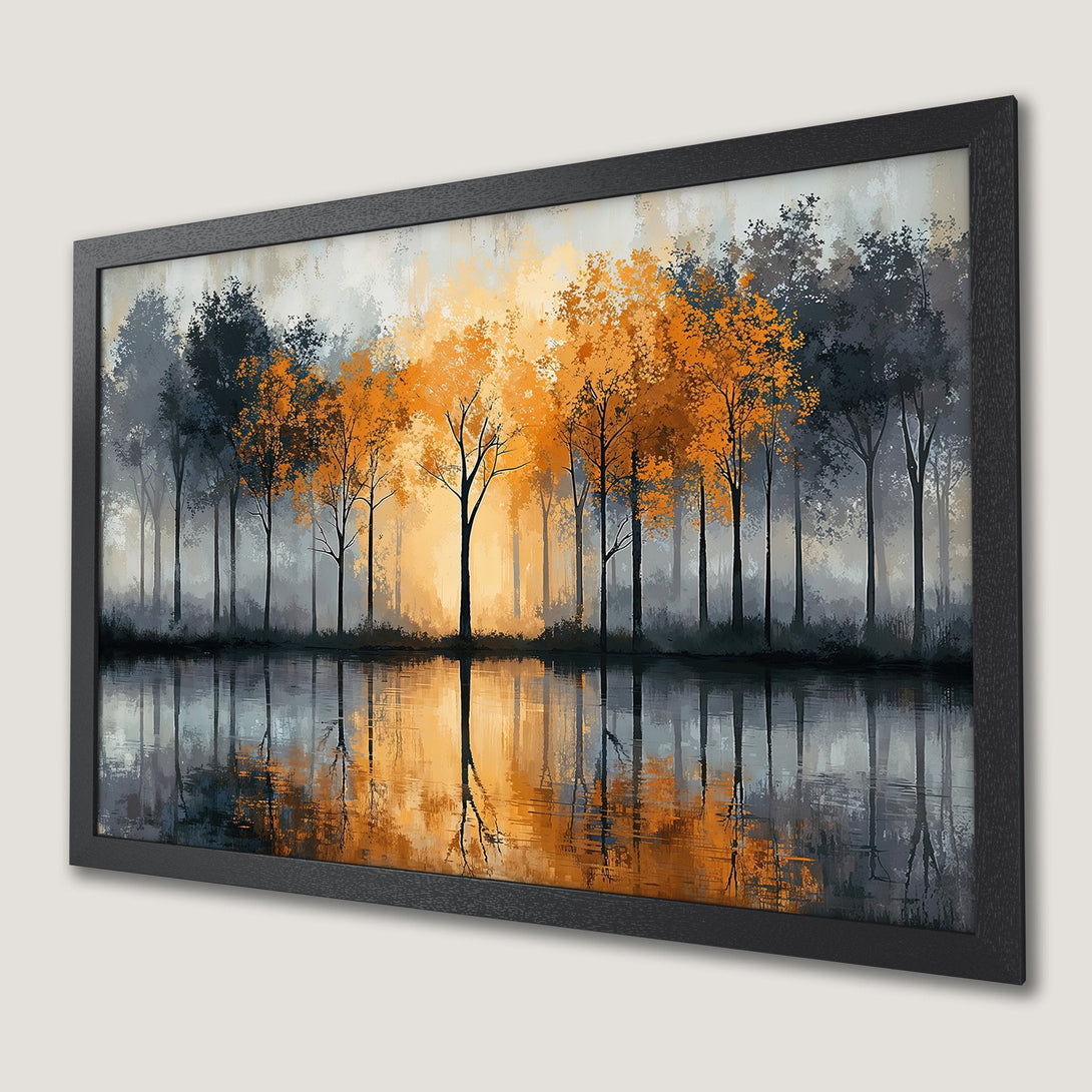 Framed Poster: Abstract forest art print with orange, grey, and black color palette. Perfect wall decor for any room.