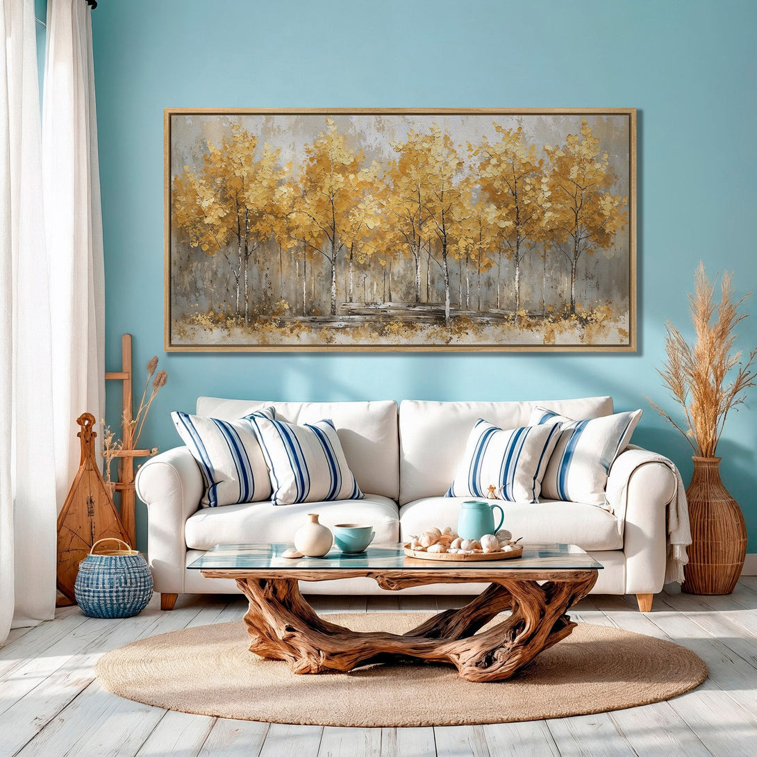 Framed Wall Art of golden trees in a serene interior. Warm, inviting color palette. Perfect for living room decor.