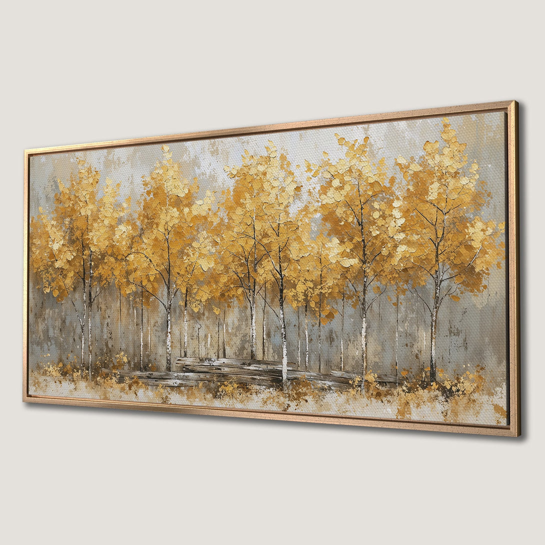Framed Wall Art: Stunning autumn forest scene in gold and gray tones. Textured canvas print adds warmth and style to any space. Shop now!
