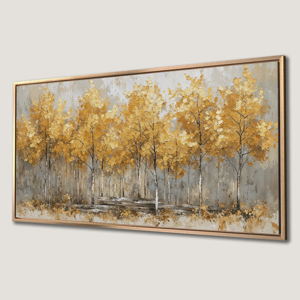 Framed Wall Art: Stunning autumn forest scene in gold and gray tones. Textured canvas print adds warmth and style to any space. Shop now!