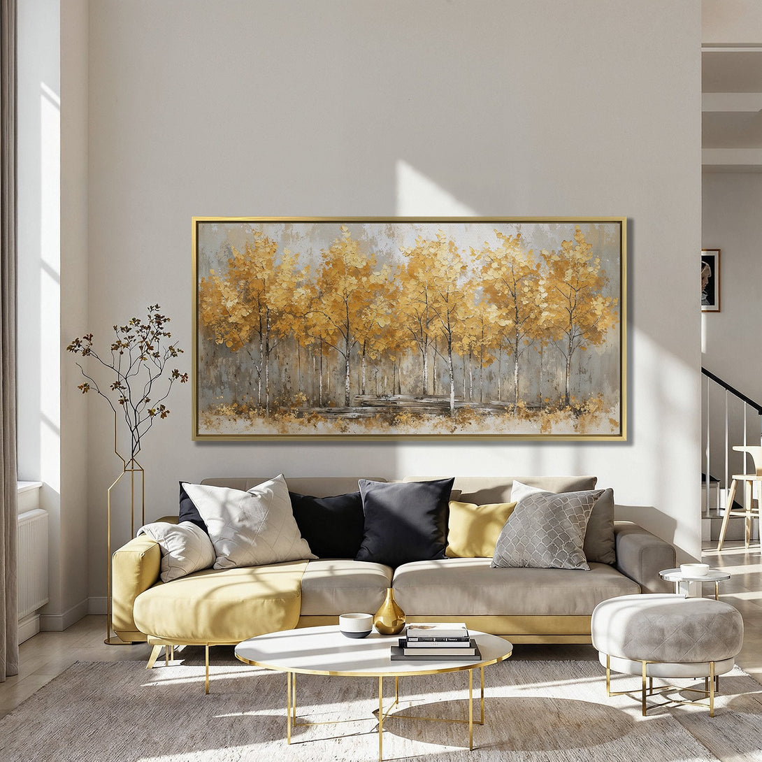 Canvas Print of golden autumn trees, impressionist style, warm gold and grey palette, perfect for living room decor.