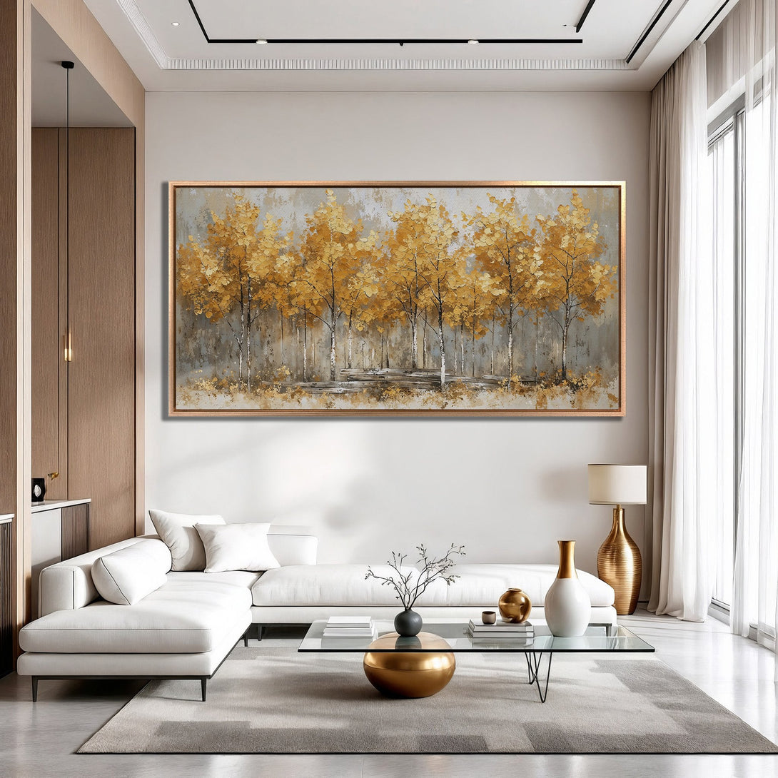 Framed Wall Art: Abstract landscape Canvas Print with golden trees, neutral gray & gold color palette. Elevate your living room decor!
