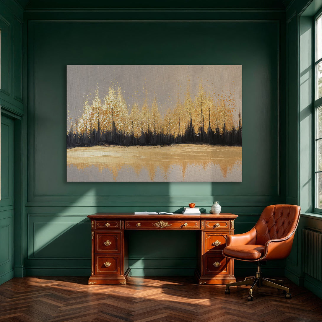 Framed Wall Art featuring a golden forest landscape. Modern art canvas print with a neutral color palette, perfect for dining room decor.