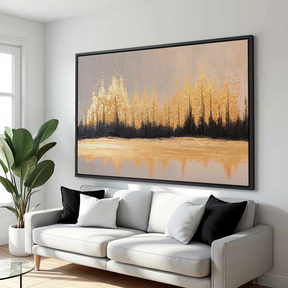 Framed Wall Art: Abstract gold trees canvas print, neutral color palette. Modern art for living room decor. Shop now and elevate your space!