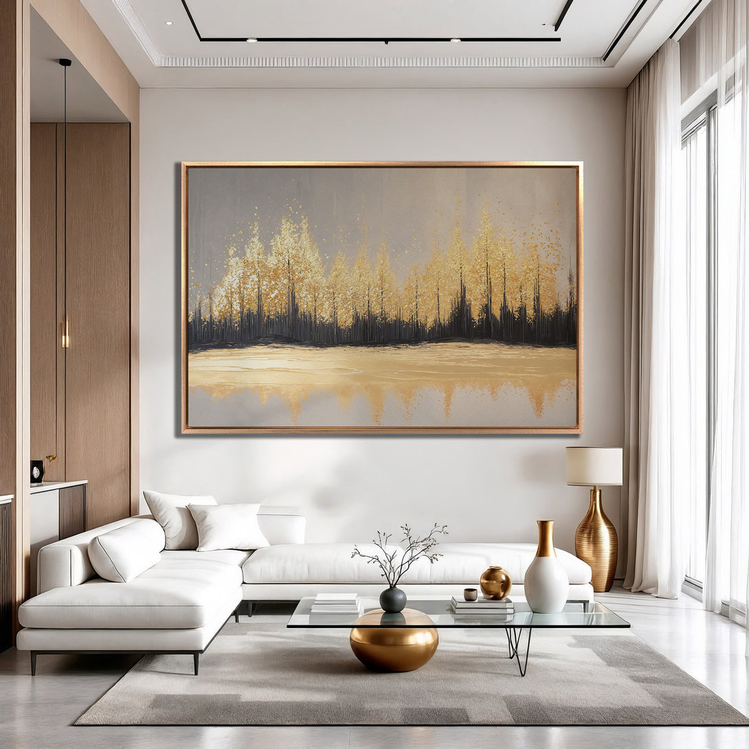 Framed Wall Art: Abstract gold tree landscape Canvas Print, neutral color palette, perfect for modern living room decor.