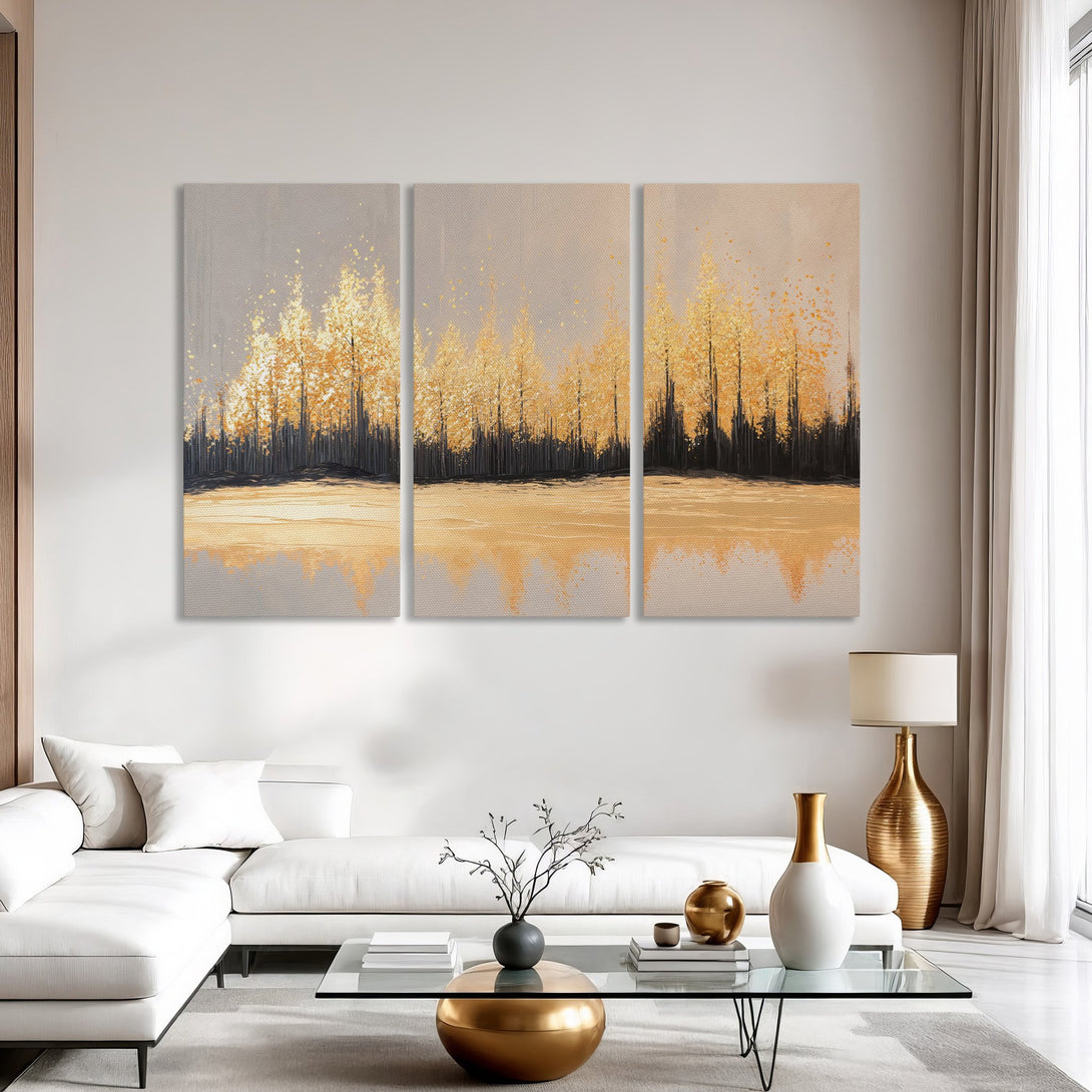 Canvas Print of golden trees in a modern interior. Abstract art with warm gold and neutral tones, perfect for living room decor.